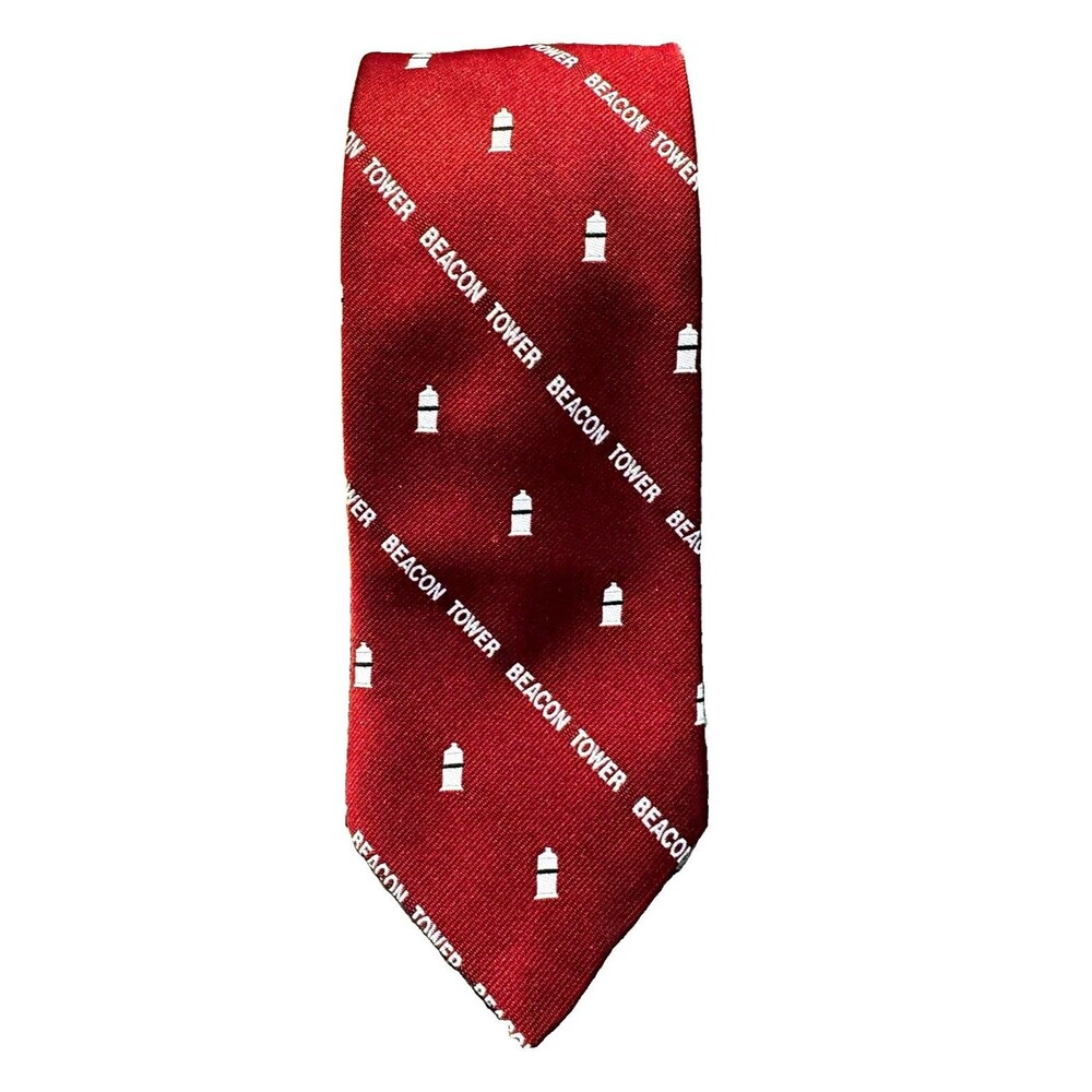 Vintage Beacon Tower Necktie Red Lighthouse New England Preppy Nautical 80s